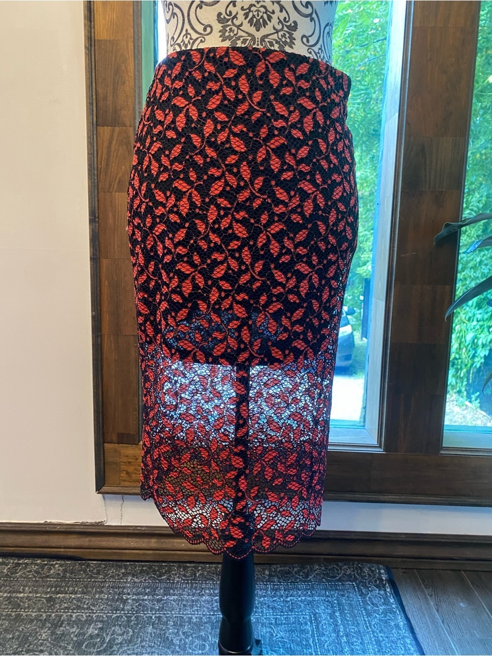 Zara Zafaluc Red/Black Lace Midi Skirt with Red Leaf Appliqué w/ Sheer Overlay S